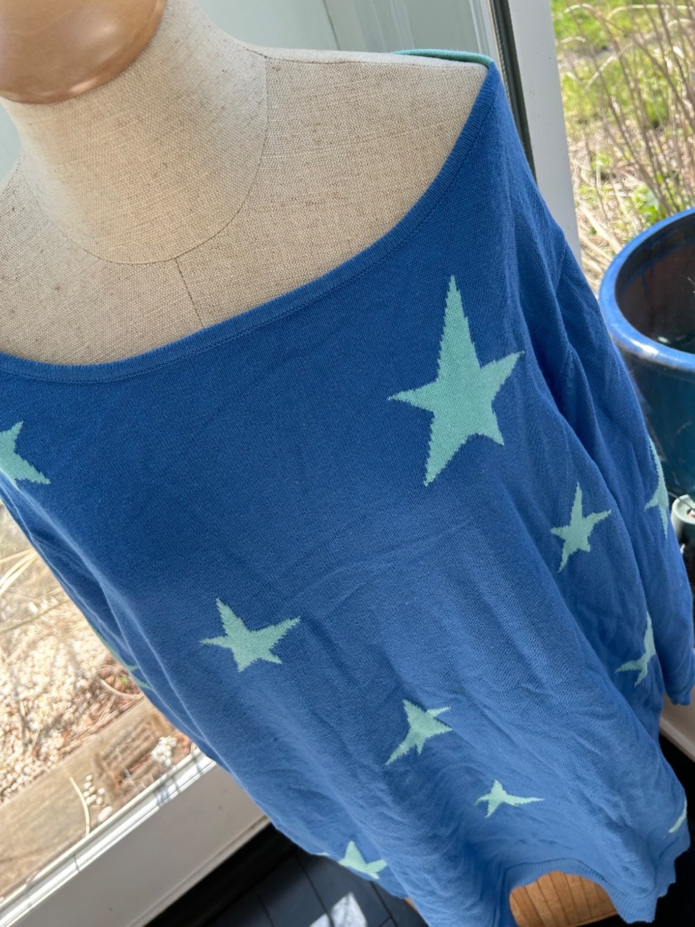 Kim Gravel Belle Beach turquoise blue STARS intarsia knit cotton sweater 3X PLUS - Picture 3 of 4